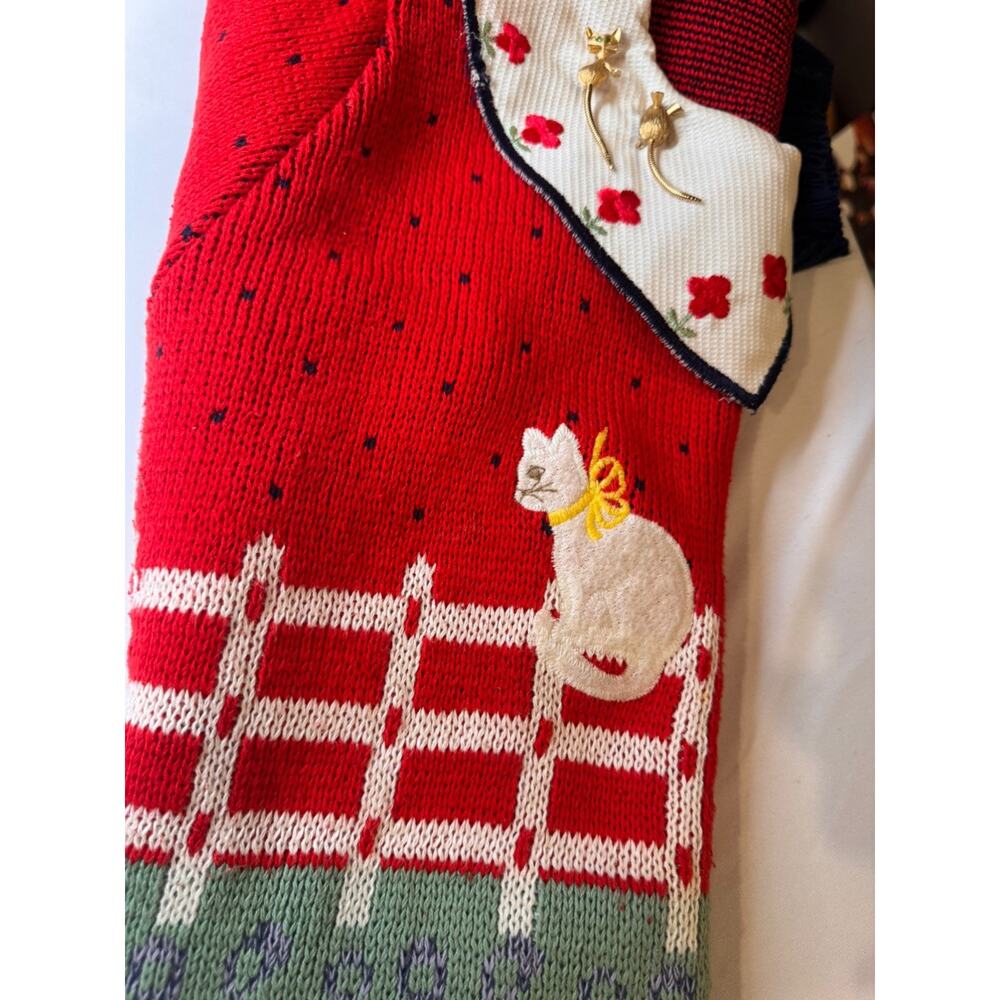 vtg Sweater Loft Womens L Knit Cat Floral Flower Red Cottage Core Grandma Kawaii - Picture 10 of 11